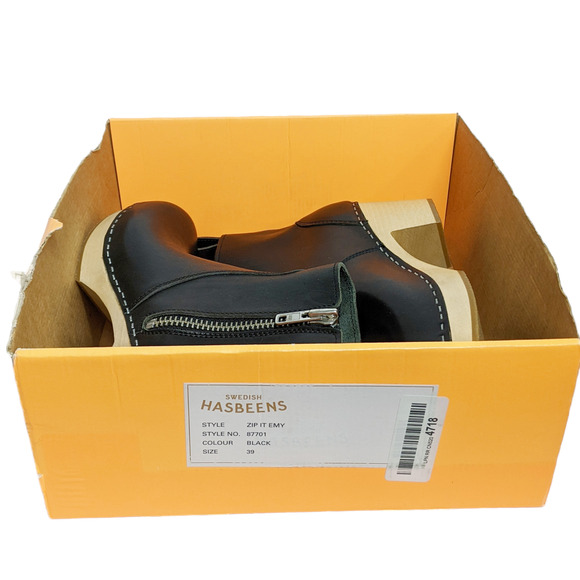 Swedish Hasbeens 39 black Zip It Emy boot bootie zipper ankle leather wood clog - Picture 8 of 8